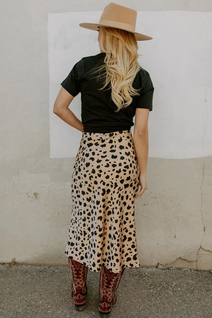 Khaki Leopard Spots Printed Split Hem Midi Skirt - Chic Meadow Boutique 