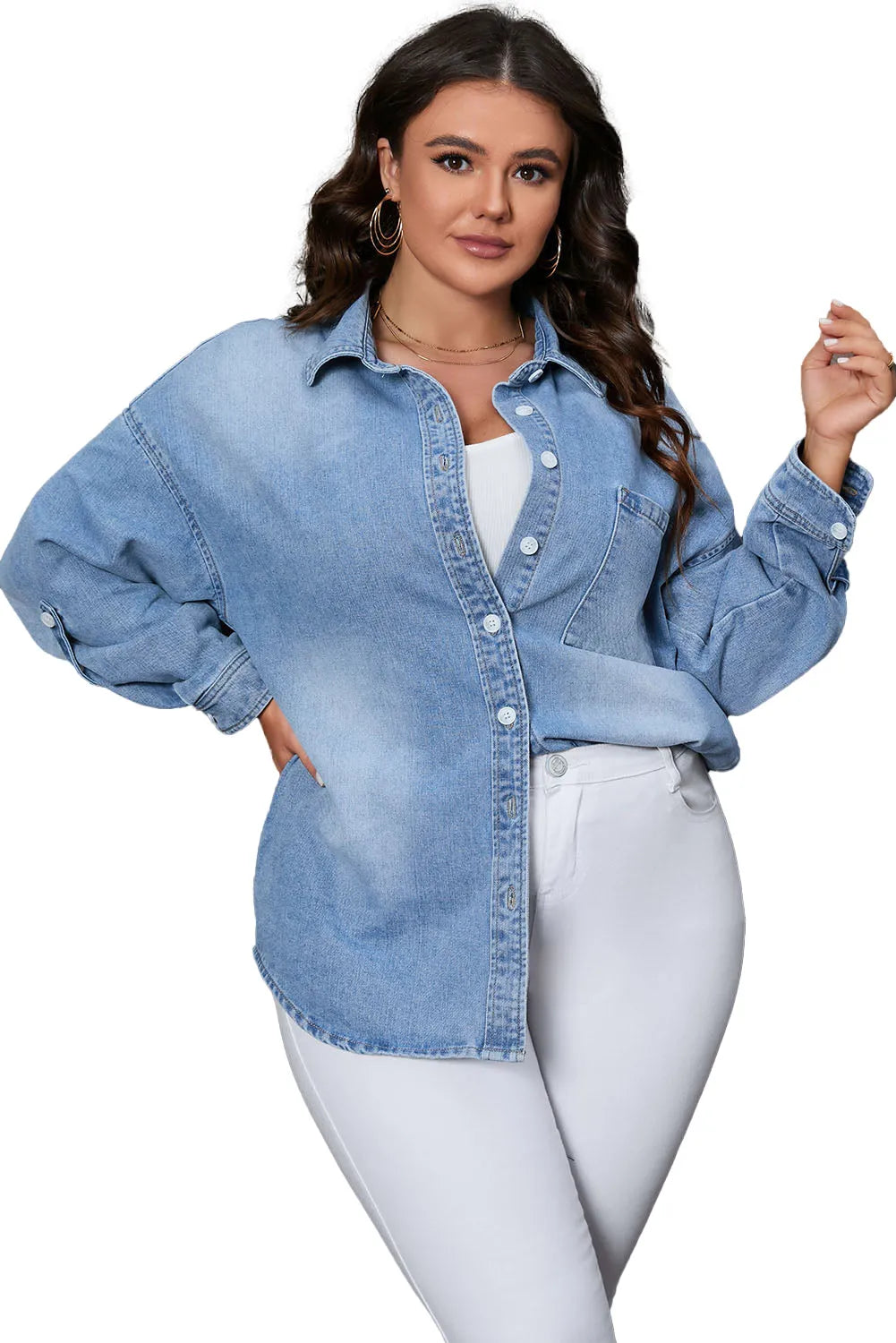 Sky Blue Plus Size Chest Pocket Button-Up Denim Shacket - Chic Meadow Boutique 