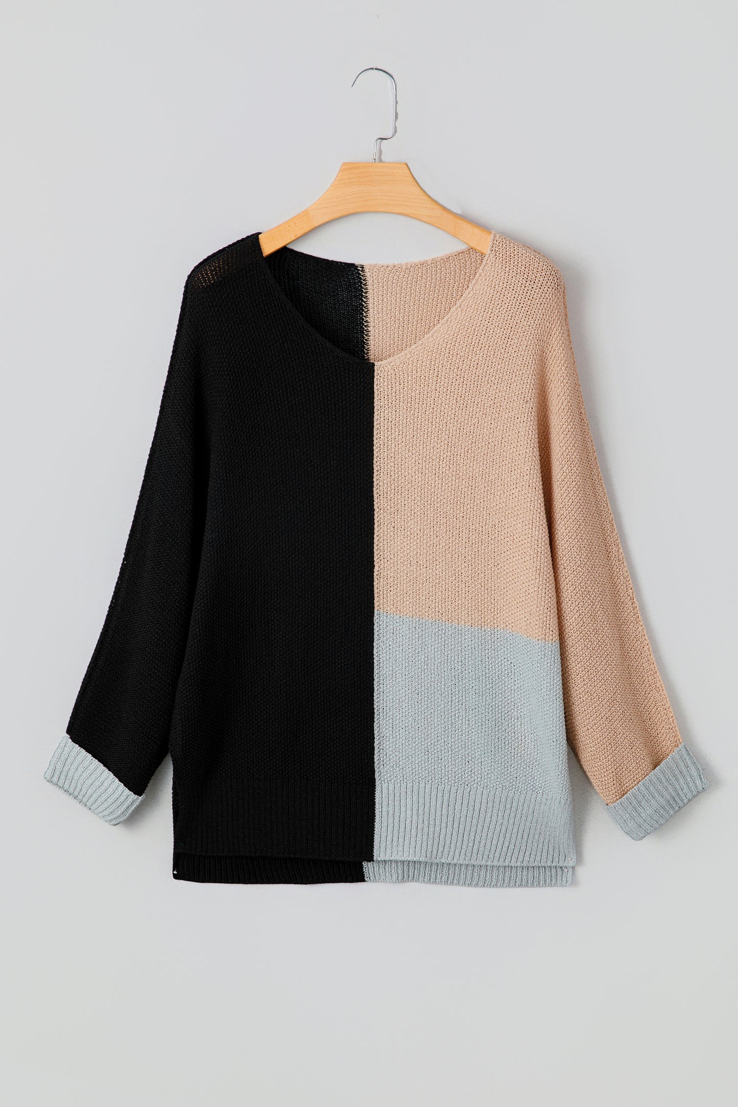 Black Color Block Knit V Neck Loose Sweater