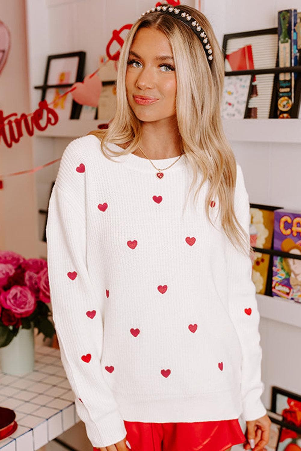 Sweaters & Cardigans/Sweaters White Heart Shape Drop Shoulder Round Neck Sweater