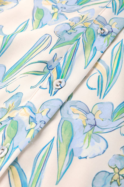 Green Floral Print Shirtcollar Buttoned Short Sleeve Shift Dress