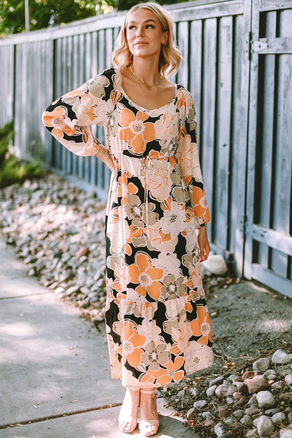 Tie Waist Puff Sleeve Bold Floral Maxi Dress - Chic Meadow Boutique 