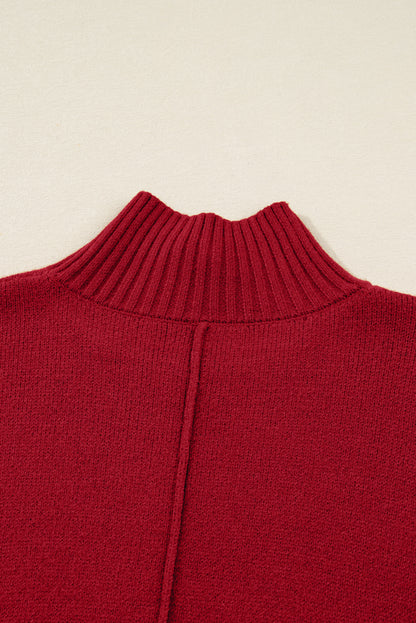 Fiery Red Ribbed High Neck Front Pockets Center Seam Shift Sweater Dress