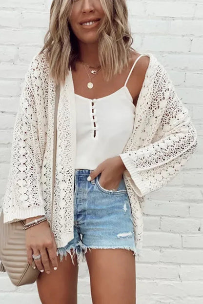 White Stylish Hollow Out Knit Drop Shoulder Cardigan - Chic Meadow Boutique 