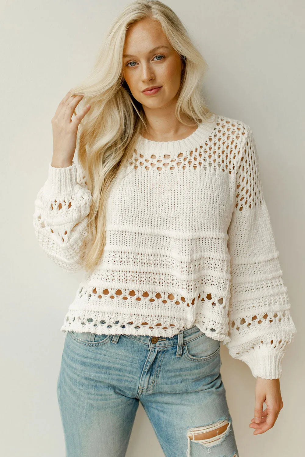 Tops/Sweaters & Cardigans White Solid Color Pointelle Knit Puff Sleeve Sweater