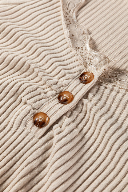Beige Lace Neckline Button Decor Lettuce Edge Long Sleeve Ribbed Top