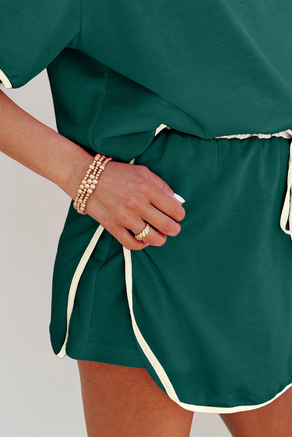 Evergreen Colorblock Edge Drop Shoulder T Shirt and Skirt 2Pcs Set