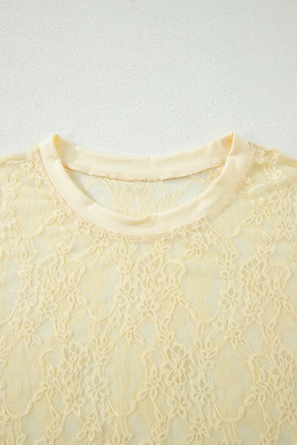 Yellow Cream Sheer Floral Lace Boxy Tee