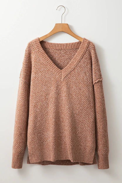 Dark Brown Loose Eyelet V Neck Drop Shoulder Sweater - Chic Meadow Boutique 