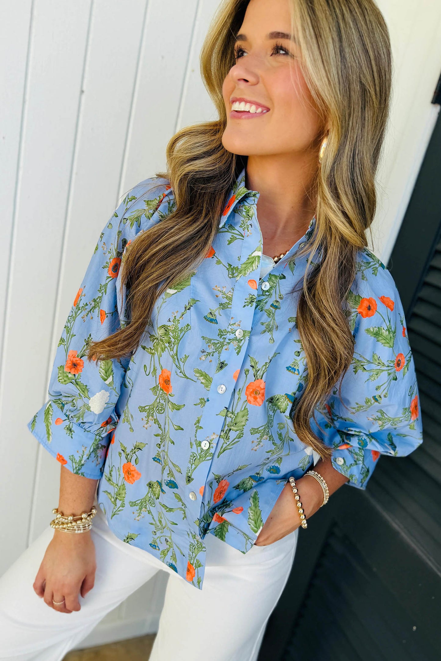 Sky Blue Floral Print Bracelet Sleeve Button Down Casual Shirt