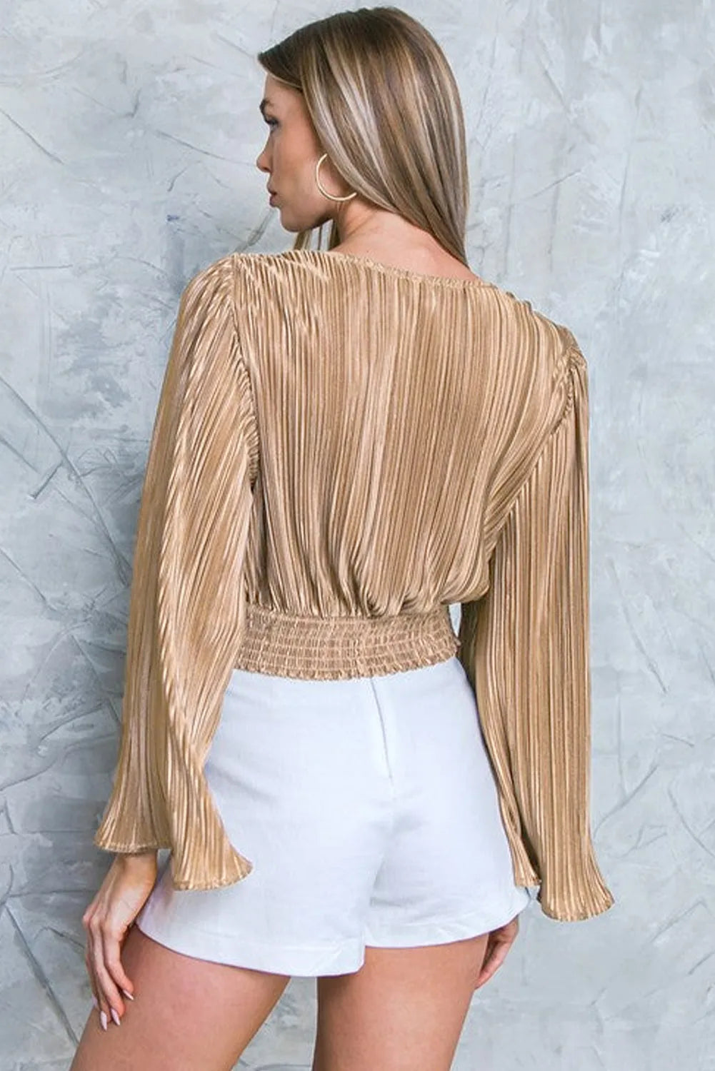 Camel Pleated Bell Sleeve Twist V Neck Cropped Blouse - Chic Meadow Boutique 