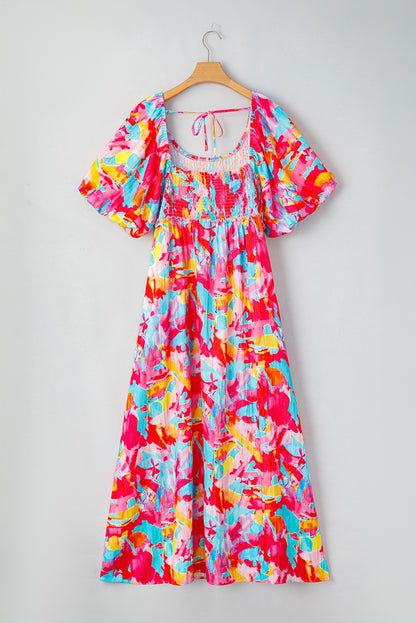 Rose Abstract Printed Puff Sleeve Square Neck Smocked Bust Tied Back Plus Size Dress