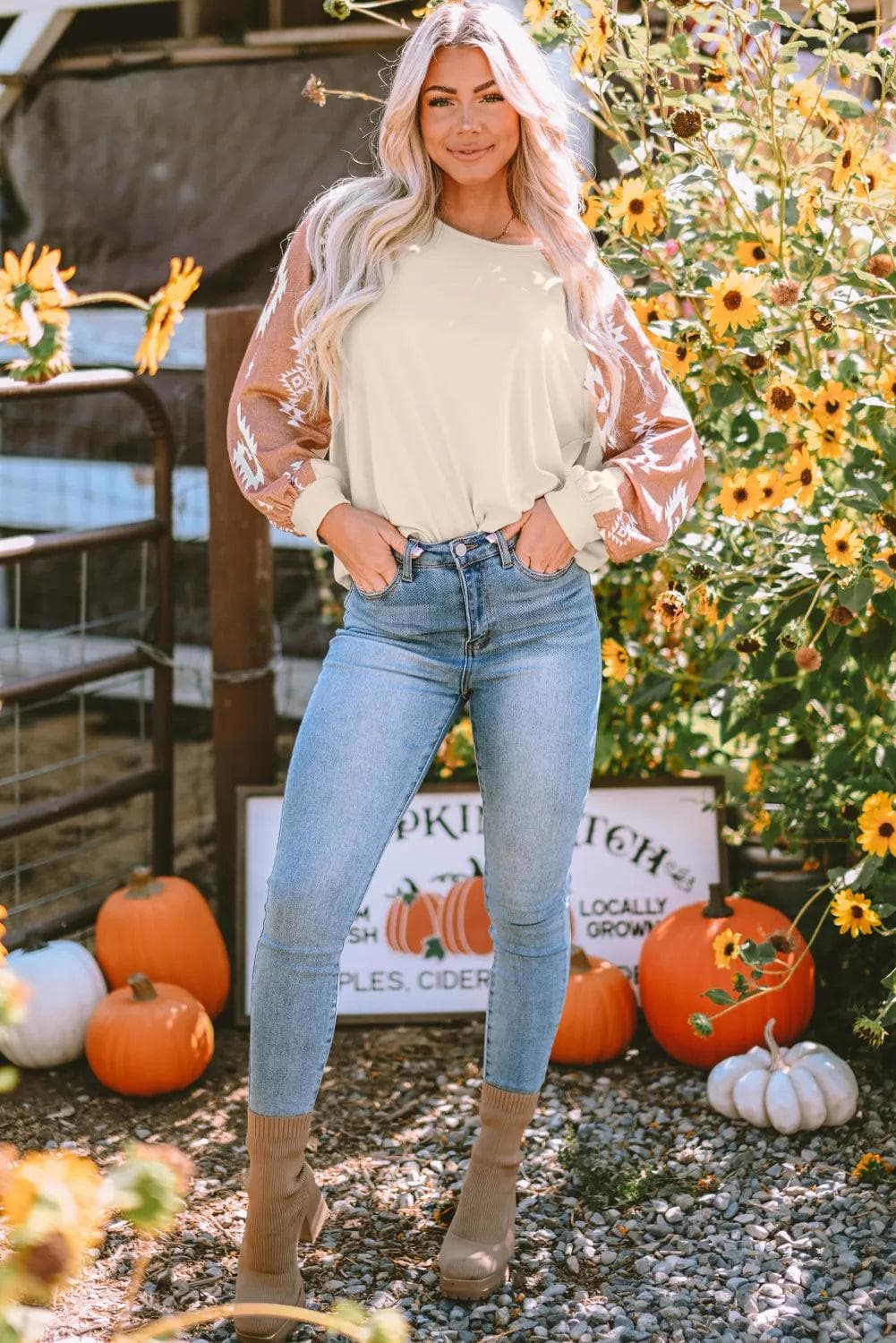 Tops/Long Sleeve Tops Apricot Western Print Patch Long Sleeve Top