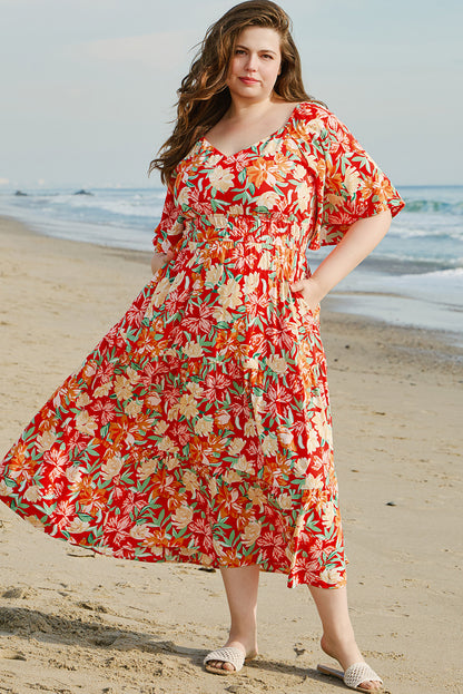 Orange Floral V Neck Flutter Sleeve Cinched Waist Long Plus Size Dress