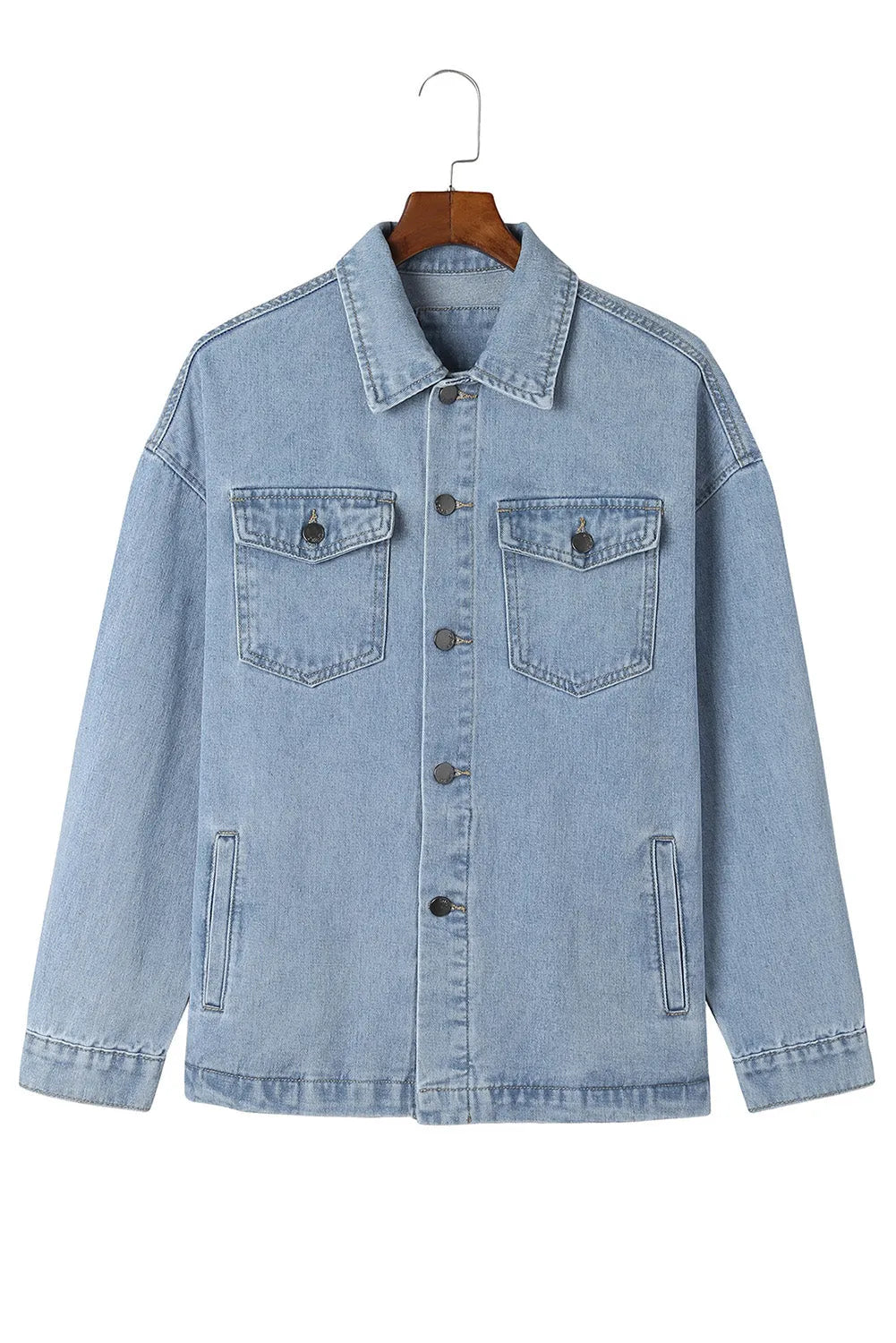 Sky Blue Acid Wash Flap Pocket Boyfriend Shacket - Chic Meadow Boutique 