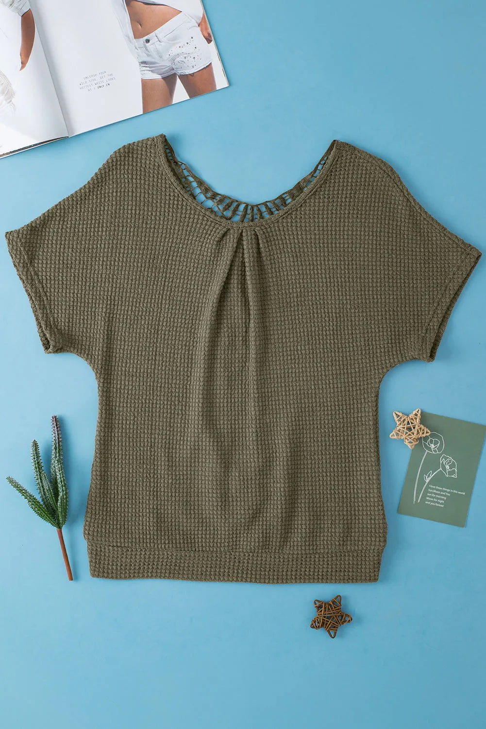 Moss Green Guipure Lace Patch Textured T-shirt - Chic Meadow Boutique 