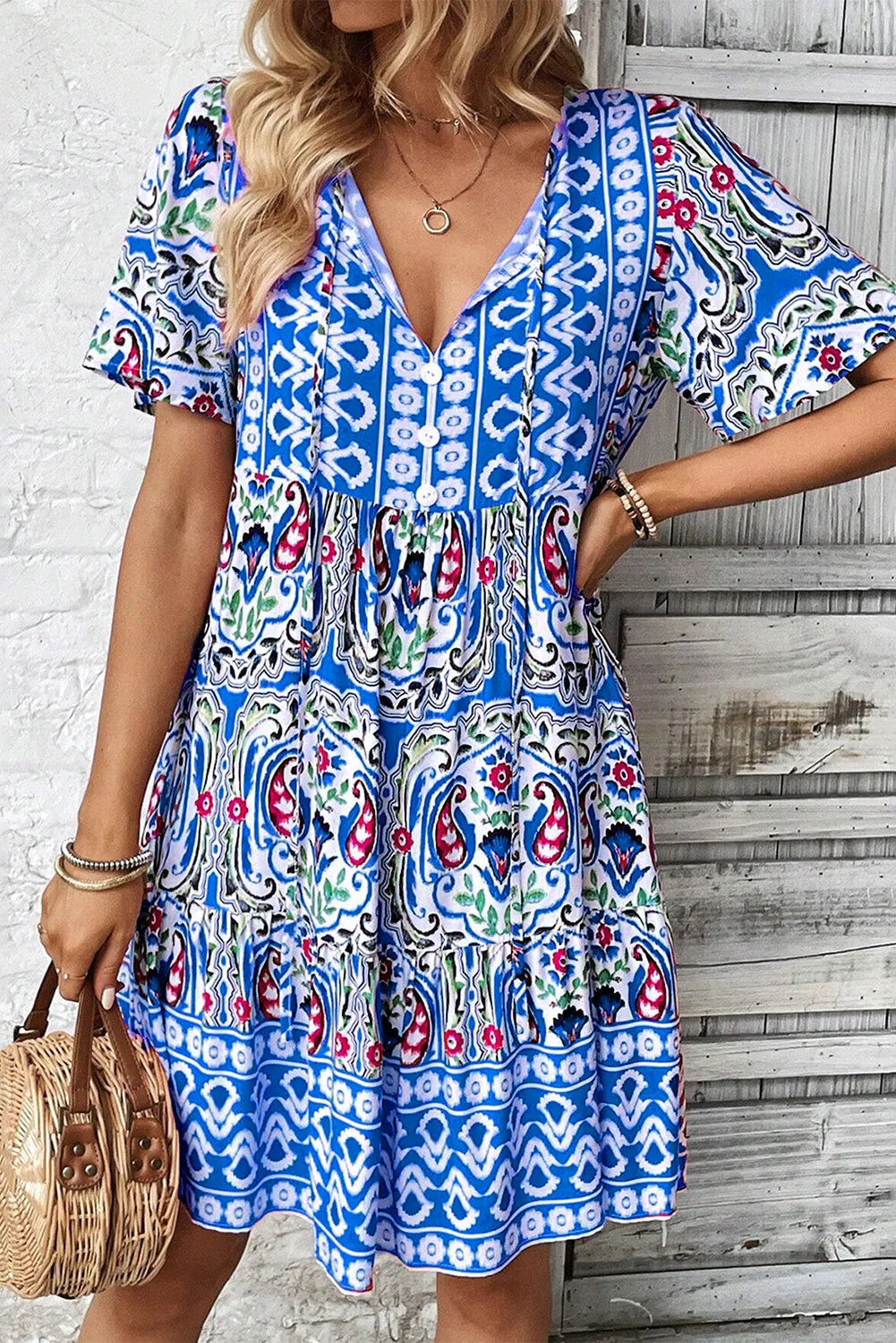 Sky Blue Bohemian Print Tie Neck Ruffle Hem Short Dress - Chic Meadow Boutique 