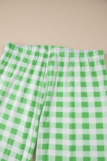 Green Plaid Print Contrast Trim Long Sleeve Plus Size Pajama Set