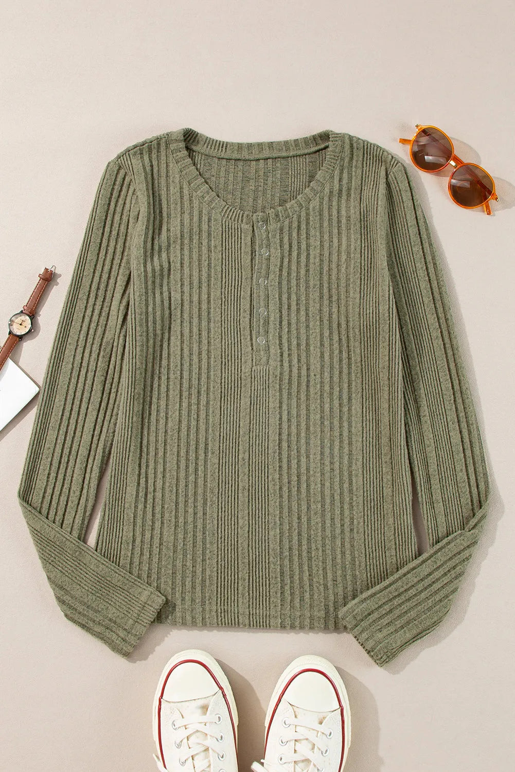 Jungle Green Ribbed Knit Half Button Slim Fit Blouse - Chic Meadow Boutique 