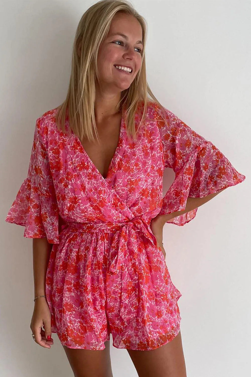 Pink V Neck Ruffled Sleeve Floral Romper - Chic Meadow Boutique 