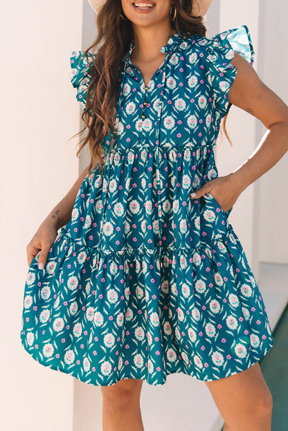 Blue Retro Floral Print Split Neck Ruffle Short Sleeve Dress