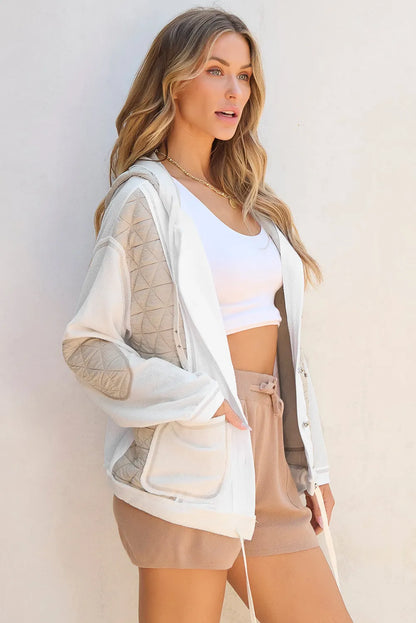 Beige Quilted Textured Patchwork Loose Fit Hooded Jacket - Chic Meadow Boutique 