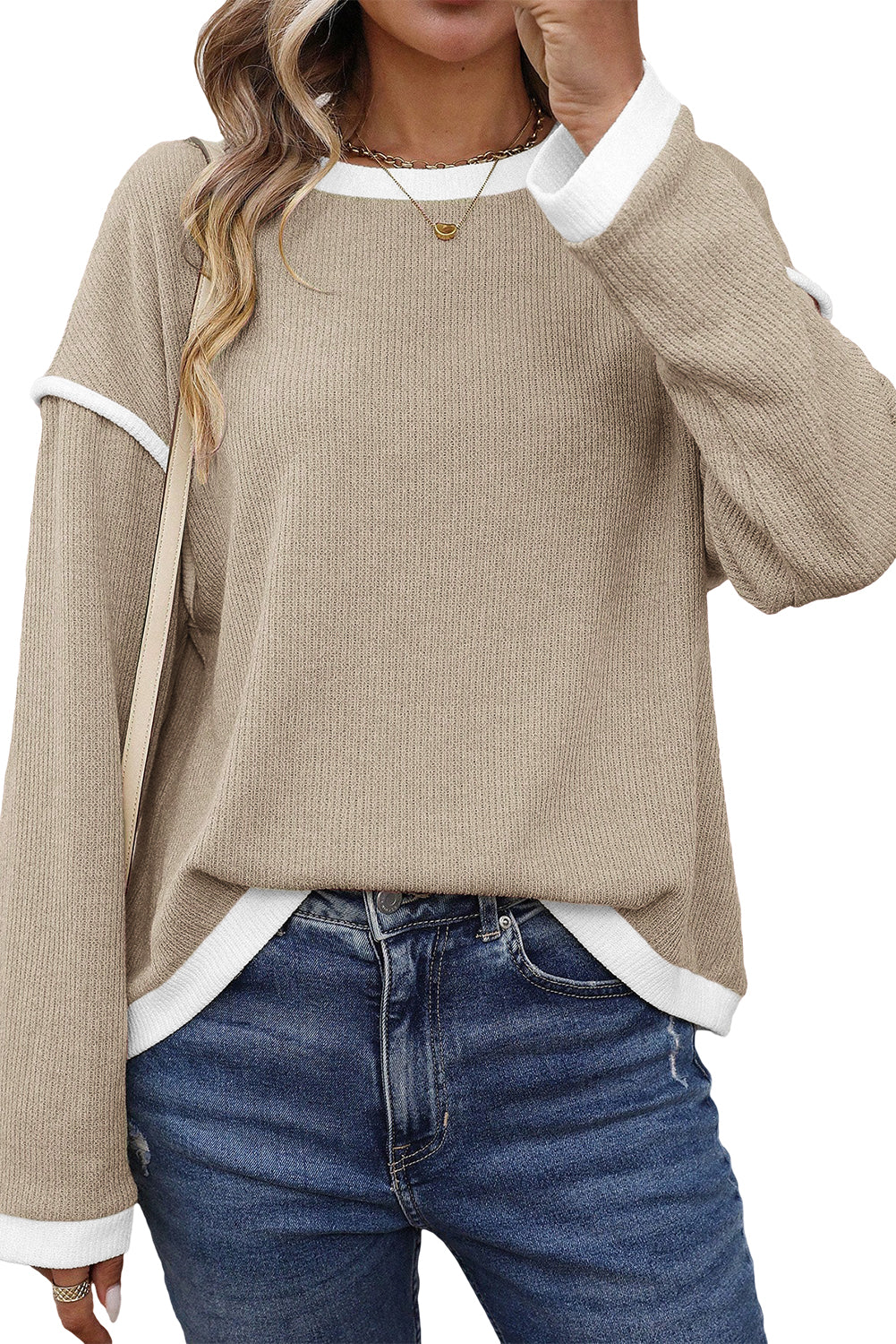 Beige Contrast Color Trim Knit Drop Shoulder Loose Top