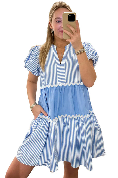 Sky Blue Ric Rac Striped Bubble Sleeve V Neck Dress - Chic Meadow Boutique 