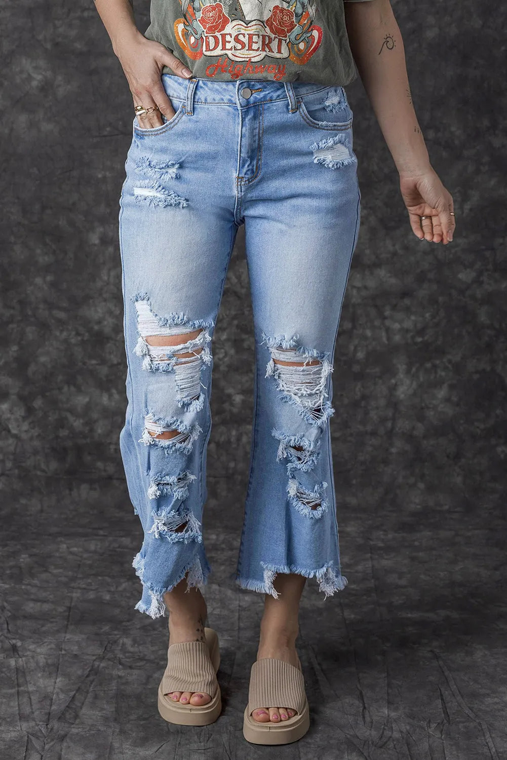 Sky Blue Heavy Destroyed High Waist Jeans - Chic Meadow Boutique 