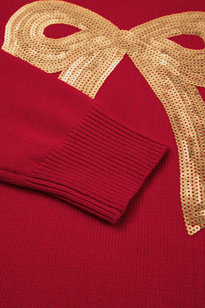 Fiery Red Sequined Bow Graphic Christmas Holiday Sweater