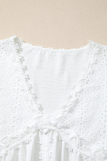 White Solid Color Floral Guipure Lace Patchwork Frilled Long Sleeve Blouse
