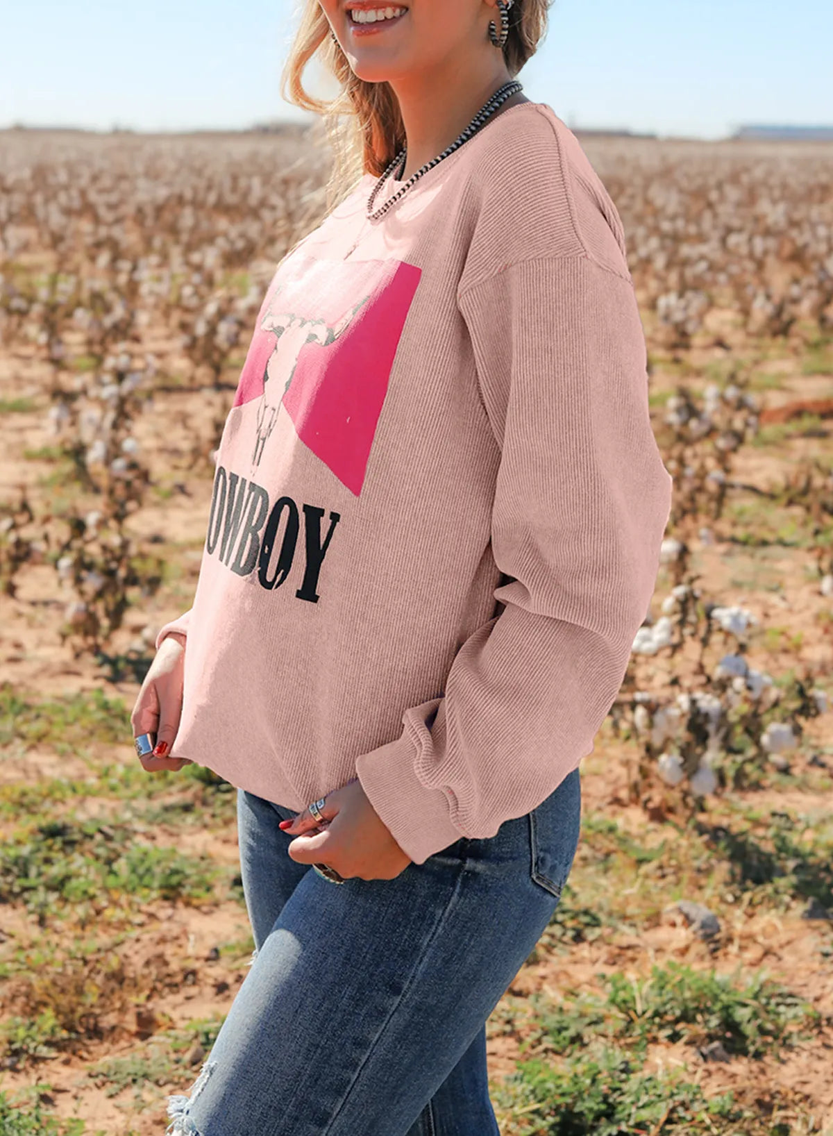 Pink Steer Head Cowboy Print Corded Pullover Sweatshirt - Chic Meadow Boutique 