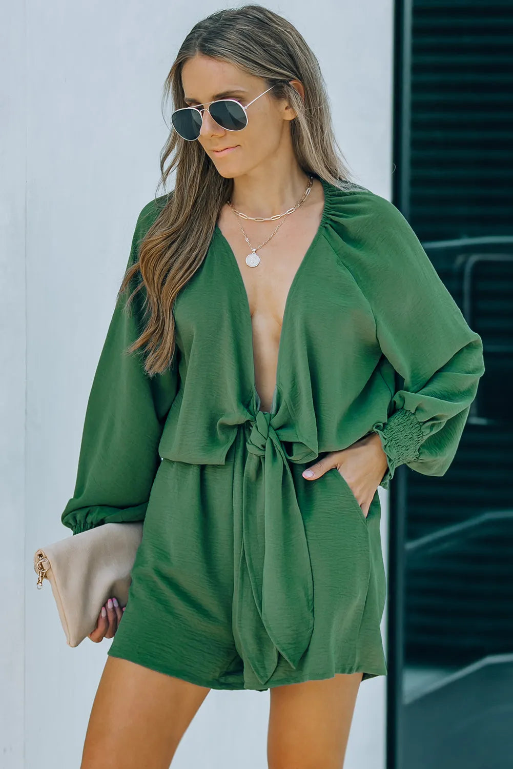 Green Tie Knot Puff Long Sleeve Romper - Chic Meadow Boutique 