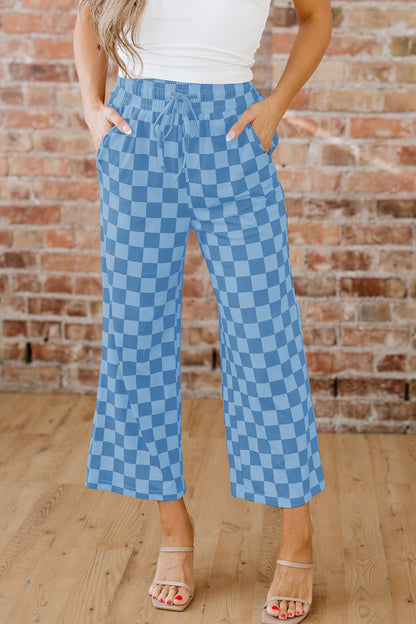 Sky Blue Checkered Elastic High Waist Loose Casual Pants