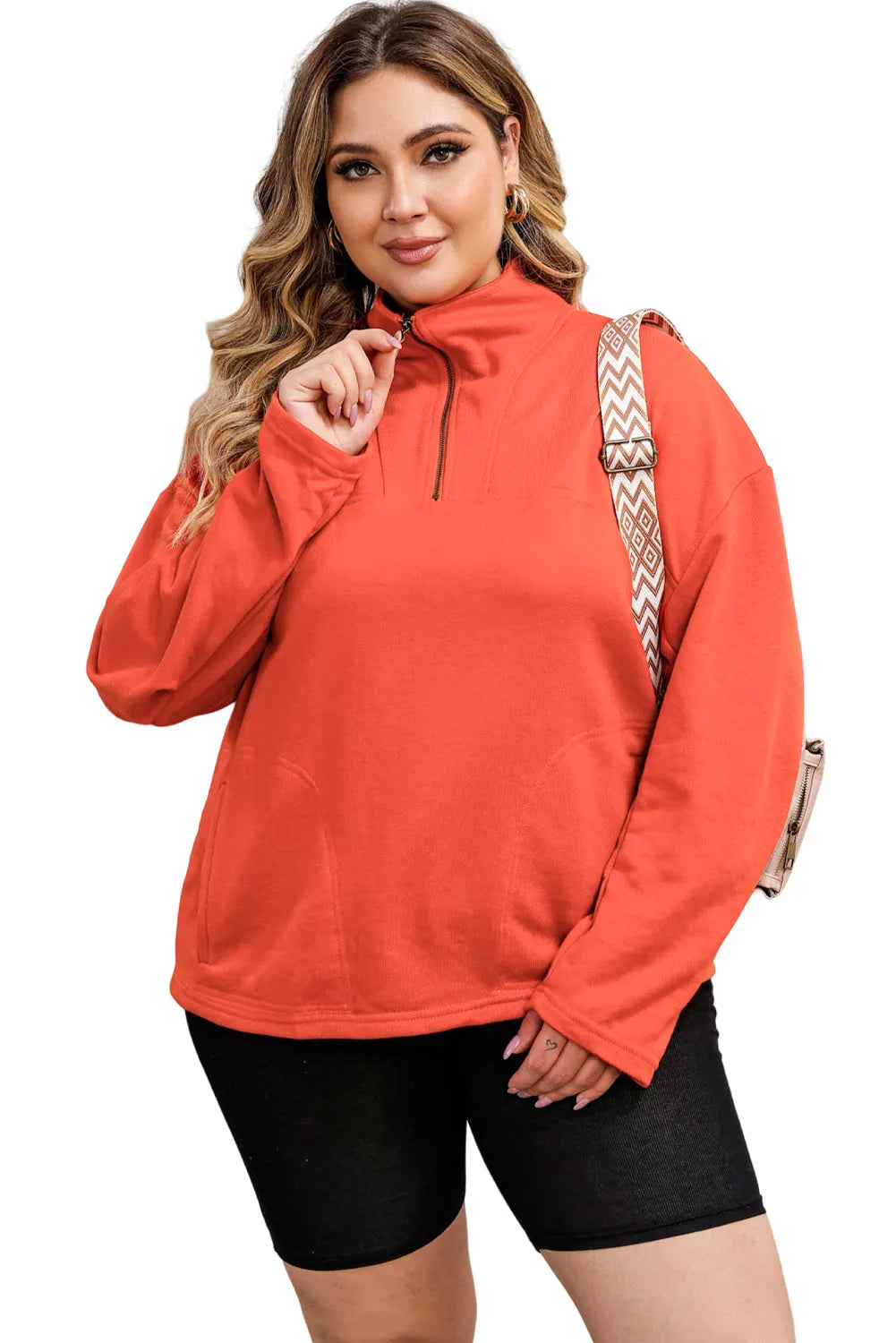 Orange O-ring Zipper Pocketed Plus Size Sweatshirt - Chic Meadow Boutique 