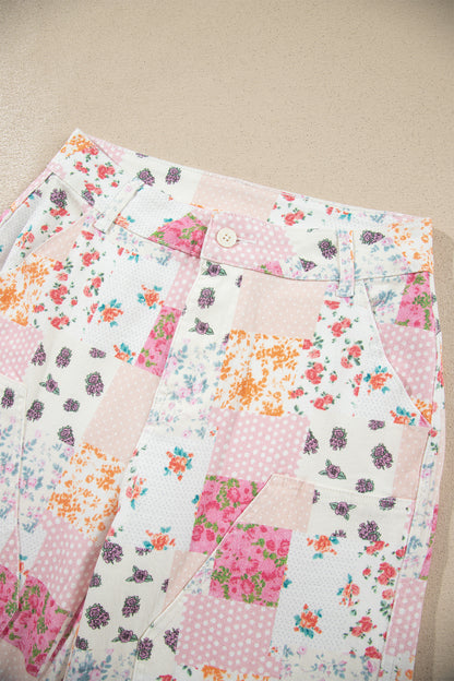 Pink Floral Patchwork Wide Leg Full Length Jeans