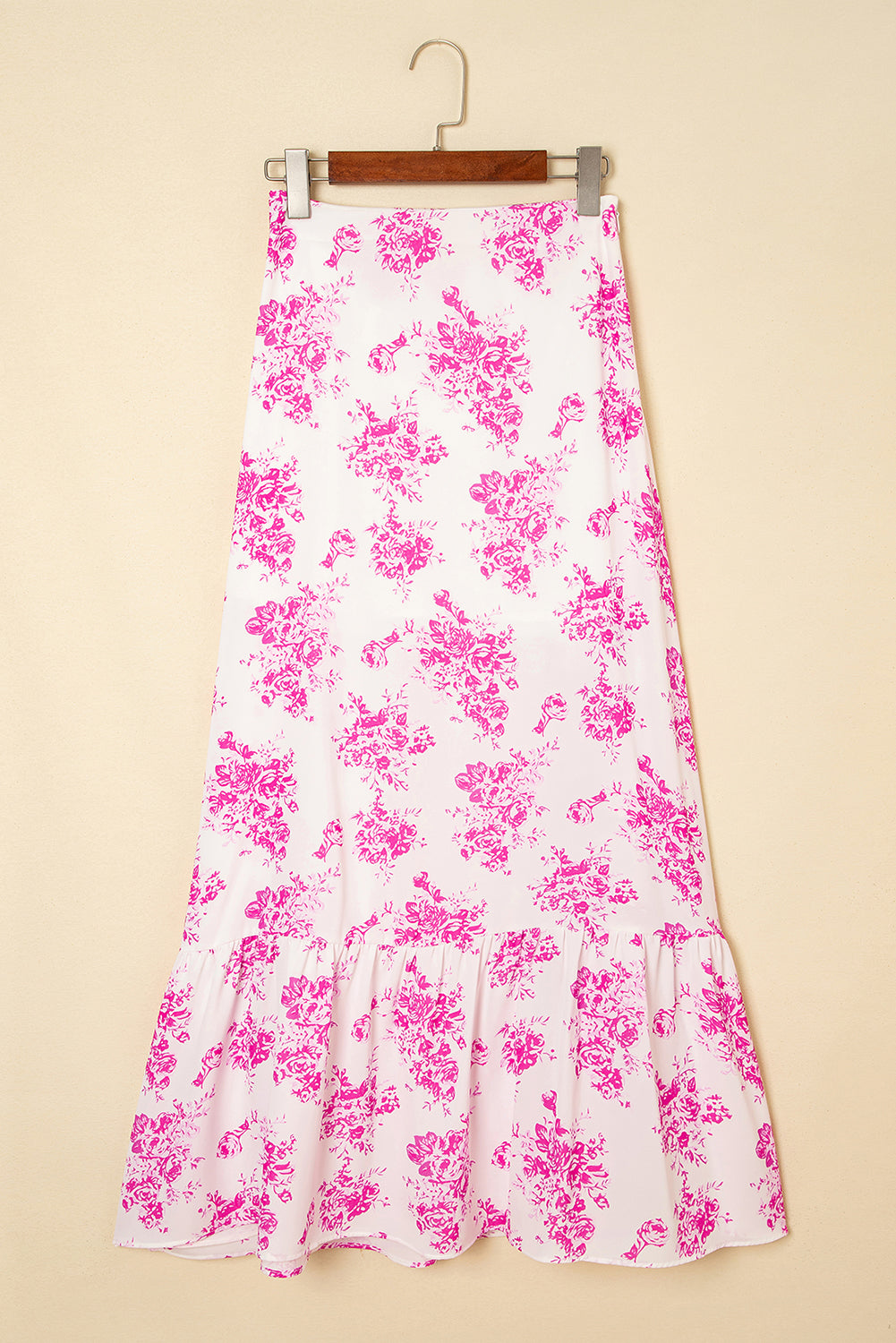 Rose Boho Floral High Waist Ruffle Split Maxi Skirt