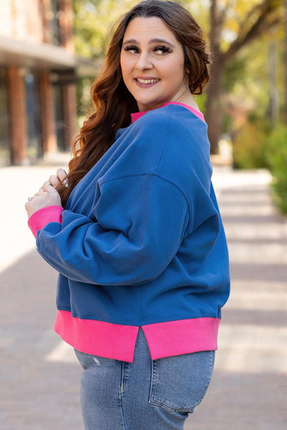 Plus Size/Plus Size Sweatshirts & Hoodies Sky Blue Color Block Edge Balloon Sleeve Plus Size Sweatshirt