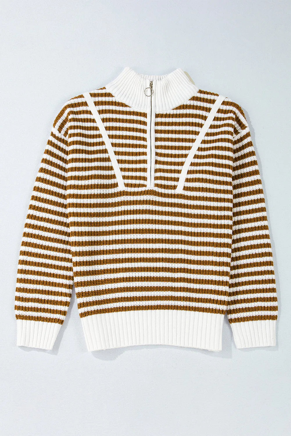 Khaki Stripe Zip up Collar Drop Shoulder Sweater - Chic Meadow Boutique 