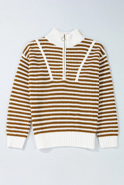 Khaki Stripe Zip up Collar Drop Shoulder Sweater - Chic Meadow Boutique 