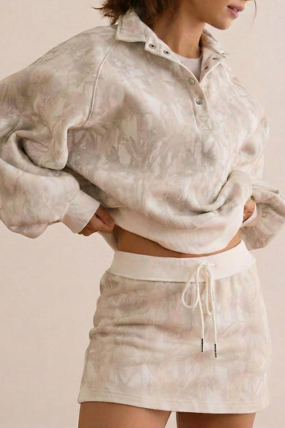 White Abstract Woodland Print Balloon Sleeve Pullover Drawstring Mini Skirt Set