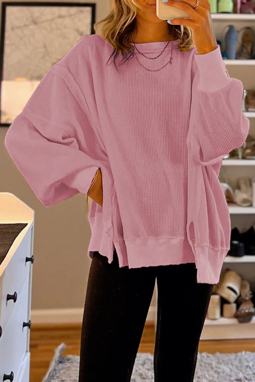 Pink Waffle Knit Bishop Sleeve Split Oversized Sweatshirt - Chic Meadow Boutique 