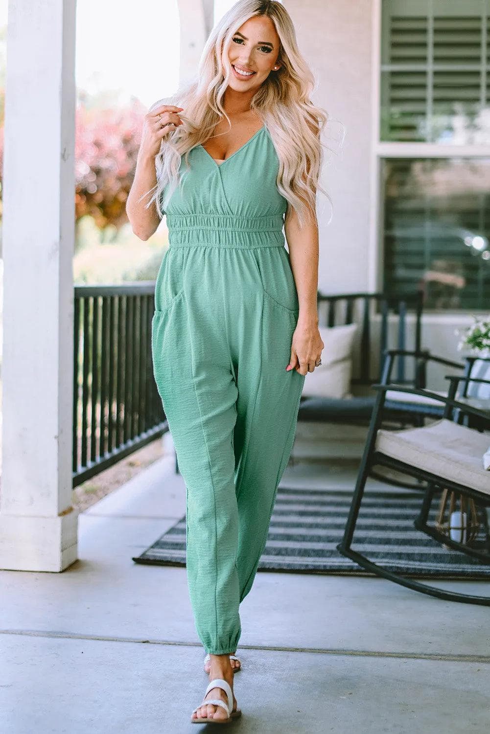 Bottoms/Jumpsuits & Rompers Green / S / 100%Polyester Green Shirred High Waist Sleeveless V Neck Jumpsuit