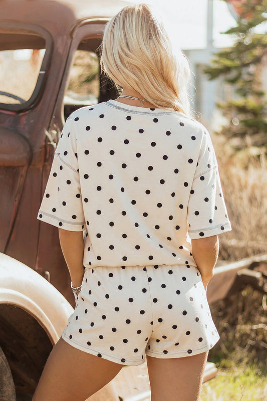 White Exposed Seam Detail Polka Dot Loose Tee Drawstring Shorts Set