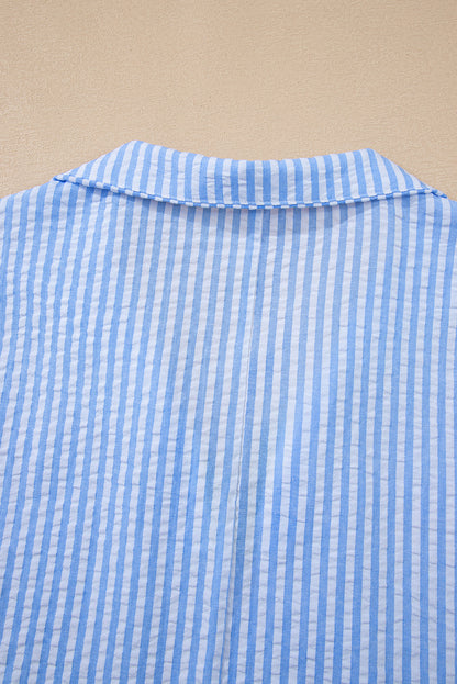Sky Blue Striped Print Contrast Split Neck Dolman Sleeve Blouse