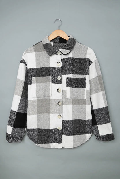 Gray Plaid Color Block Buttoned Long Sleeve Jacket with Pocket - Chic Meadow Boutique 