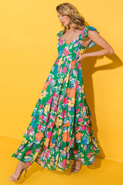 Green Floral Print Sleeveless Ruffle Tiered Maxi Dress - Chic Meadow Boutique 