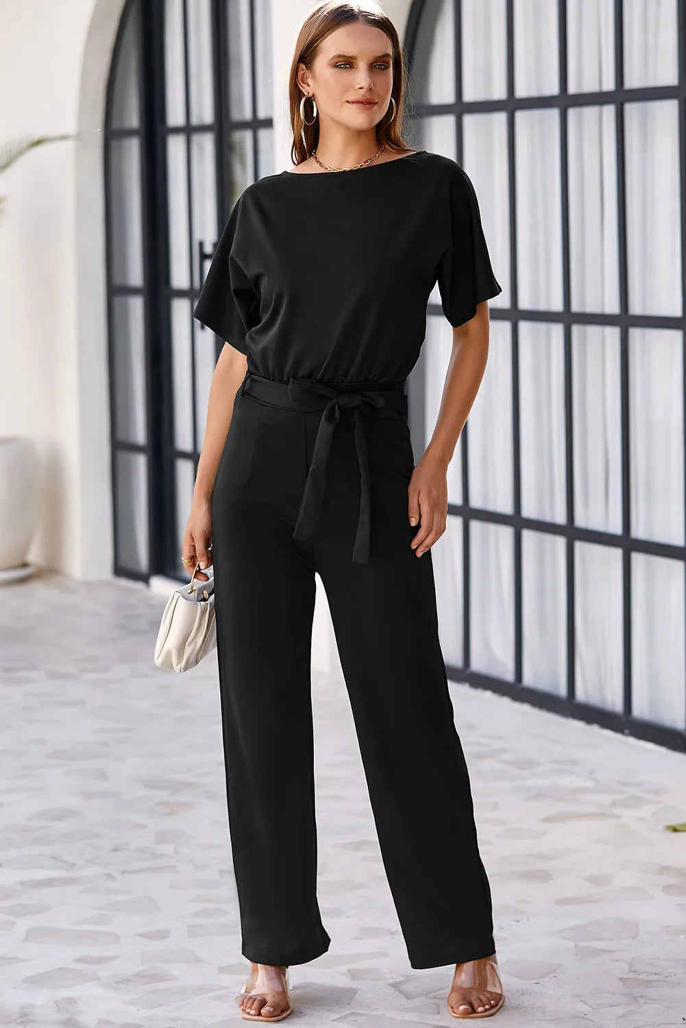 Black Belted Wide Leg Jumpsuit - Chic Meadow Boutique 