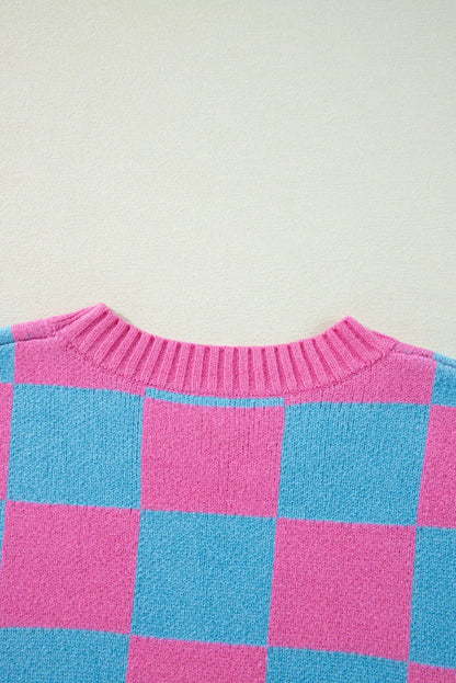 Sachet Pink Colorblock Plaid Pattern Ribbed Trim Sweater Tank Top - Chic Meadow Boutique 