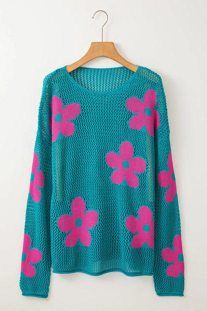 Sea Green Big Flower Hollowed Knit Drop Shoulder Sweater - Chic Meadow Boutique 